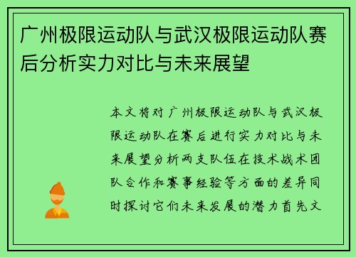 广州极限运动队与武汉极限运动队赛后分析实力对比与未来展望
