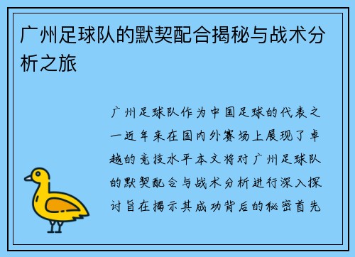 广州足球队的默契配合揭秘与战术分析之旅