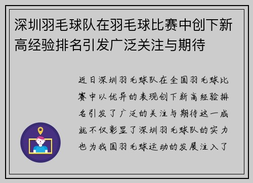 深圳羽毛球队在羽毛球比赛中创下新高经验排名引发广泛关注与期待
