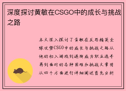 深度探讨黄敏在CSGO中的成长与挑战之路